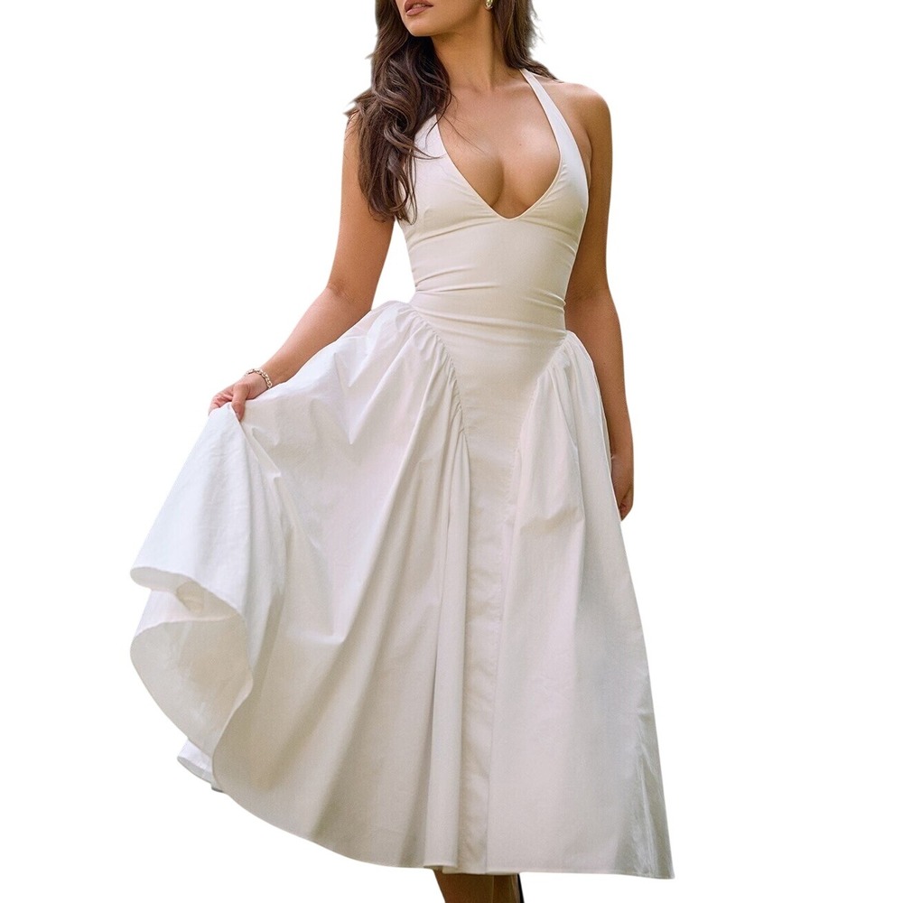 House of CB Marilyn Ivory Open Back Halter Dress Midi Pleated Skirt - Size S - Picture 5 of 16